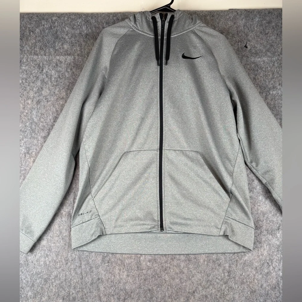 Nike Dri-Fit Hoodie Men's L Heather Grey Setin Logo Print Long Sleeve Full Zip